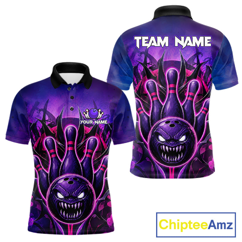 Purple neon monster bowling team polo shirt for men with glowing monster artwork.