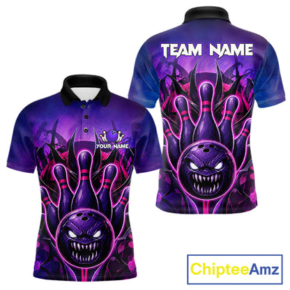 Purple neon monster bowling team polo shirt for men with glowing monster artwork.
