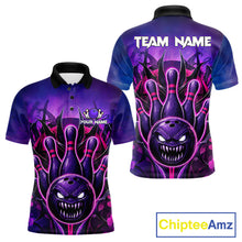 Load image into Gallery viewer, Purple neon monster bowling team polo shirt for men with glowing monster artwork.