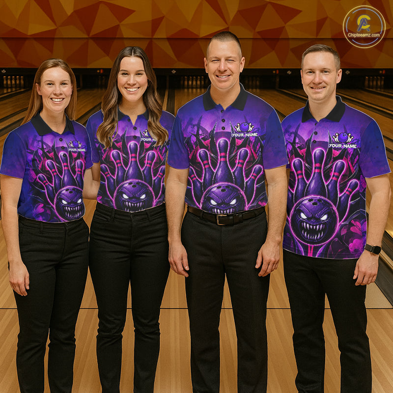 Bowling team wearing matching purple neon monster jerseys front view.