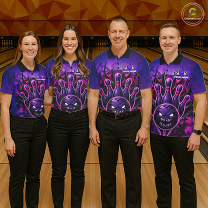 Bowling team wearing matching purple neon monster jerseys front view.