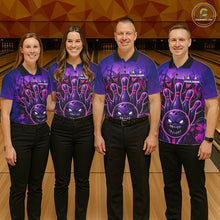 Load image into Gallery viewer, Bowling team wearing matching purple neon monster jerseys front view.