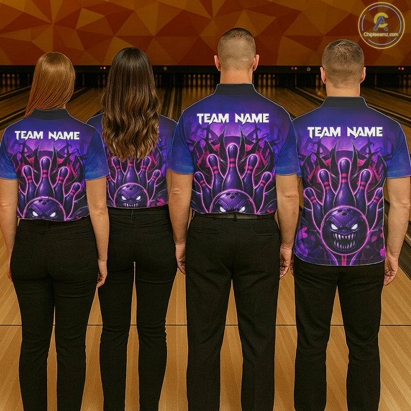 Bowling team wearing matching purple neon monster jerseys back view.