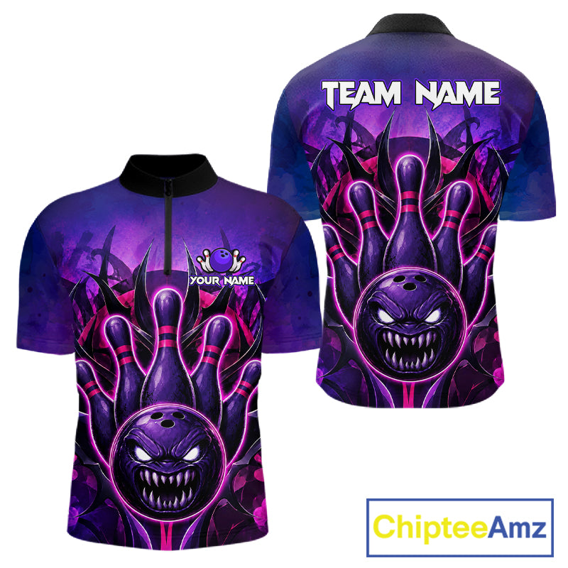 Purple neon monster bowling quarter zip shirt for men, custom bowling jersey.