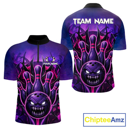 Purple neon monster bowling quarter zip shirt for men, custom bowling jersey.