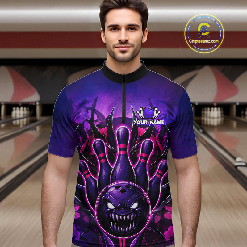 Man wearing purple neon monster bowling quarter zip shirt front view.