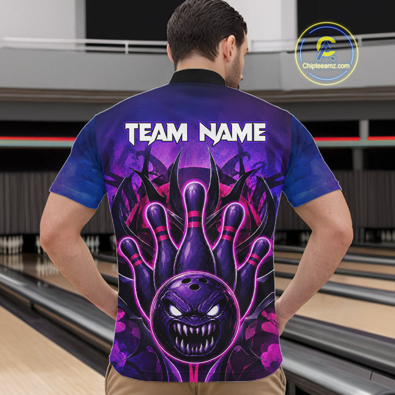 Man wearing purple neon monster bowling quarter zip shirt back view.