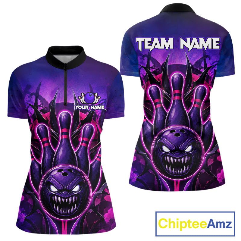 Purple neon monster bowling quarter zip shirt for women, custom bowling jersey.