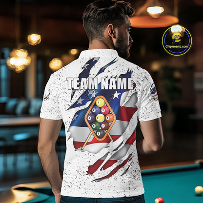 9 Ball Pool US Flag White Grunge Custom Men's Billiard Shirt, Patriotic Billiard Team Jersey TDM5138