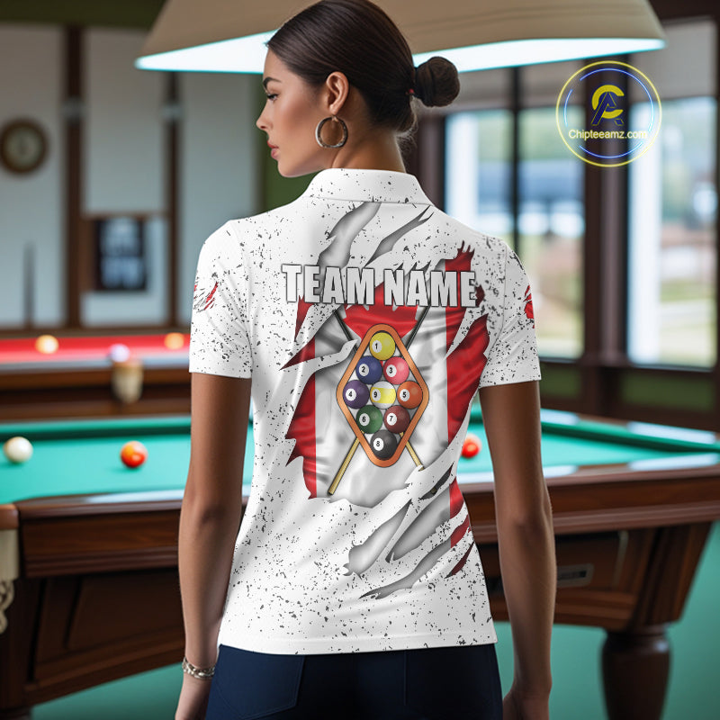 9 Ball Pool Canada Flag White Grunge Custom Women's Billiard Shirt, Patriotic Pool Team Shirts TDM5139