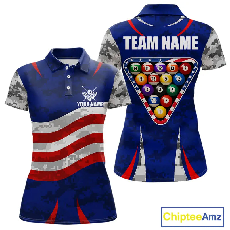 Personalized Camo American Flag Billiard Shirt For Women, Patriotic Pool Jersey Team Polo & 1/4 Zip TDM5609