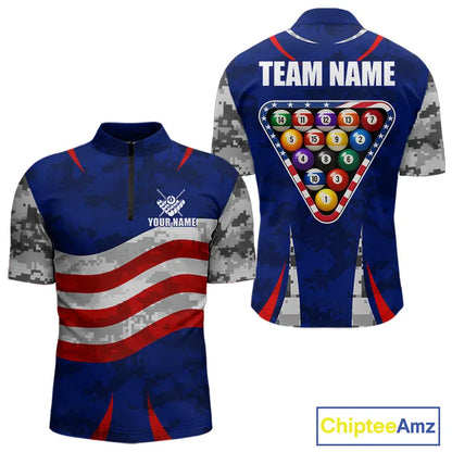 Personalized Camo American Flag Billiard Shirt For Men, Patriotic Pool Jersey Team Polo & 1/4 Zip TDM5609