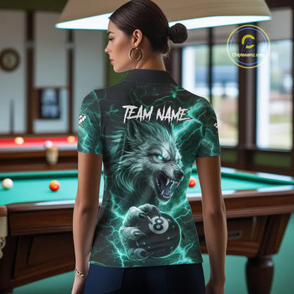 Turquoise 8 Ball Pool Wolf Lightning Billiard Shirt For Women Custom Billiard Jersey Polo & 1/4 Zip TDM5615