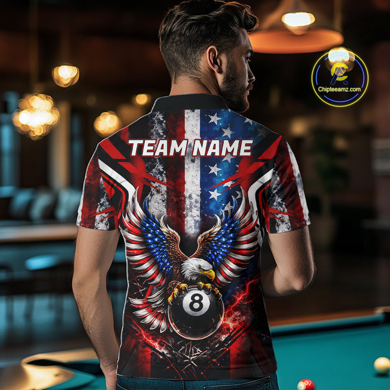 Vintage American Flag Eagle 8 Ball Billiard Shirt For Men Custom Pool Team Jersey Polo & 1/4 Zip TDM5991