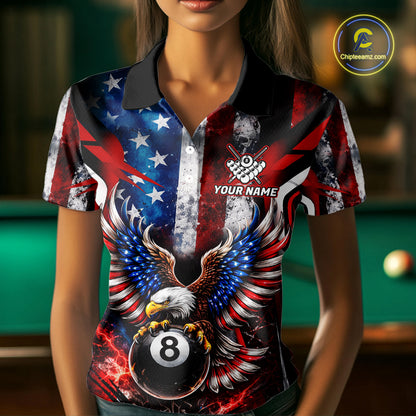 Vintage American Flag Eagle 8 Ball Billiard Shirt For Women Custom Pool Team Jersey Polo & 1/4 Zip TDM5991