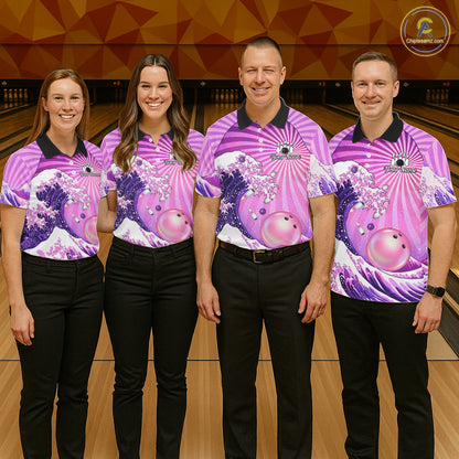 Pink And Purple Funny Waves Ocean Bowling Shirt For Women Custom Bowling Jersey Polo & 1/4 Zip TDM6224