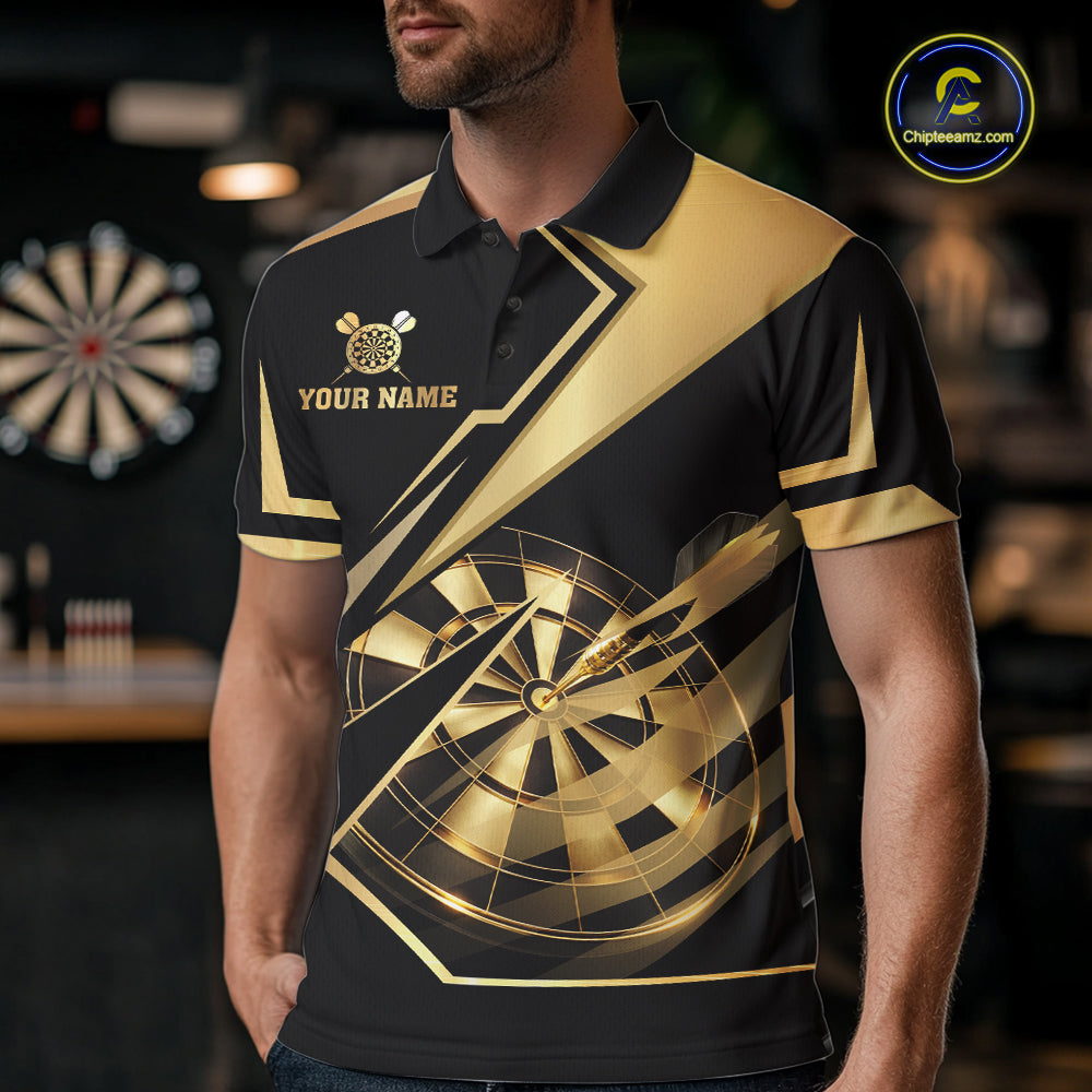 Black And Gold Darts Polo & 1/4 Zip For Men Custom Darts Jersey, Darts Tournament Team Shirt TDM6226