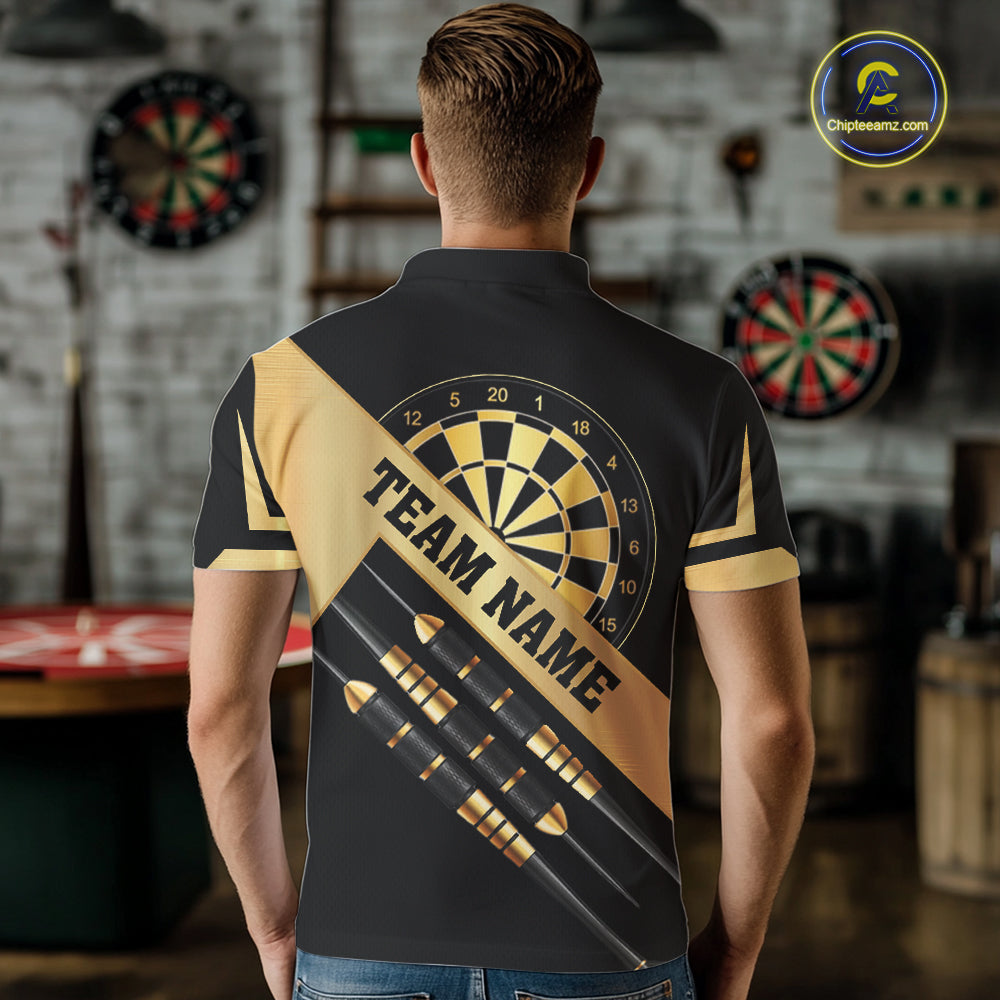 Black And Gold Darts Polo & 1/4 Zip For Men Custom Darts Jersey, Darts Tournament Team Shirt TDM6226