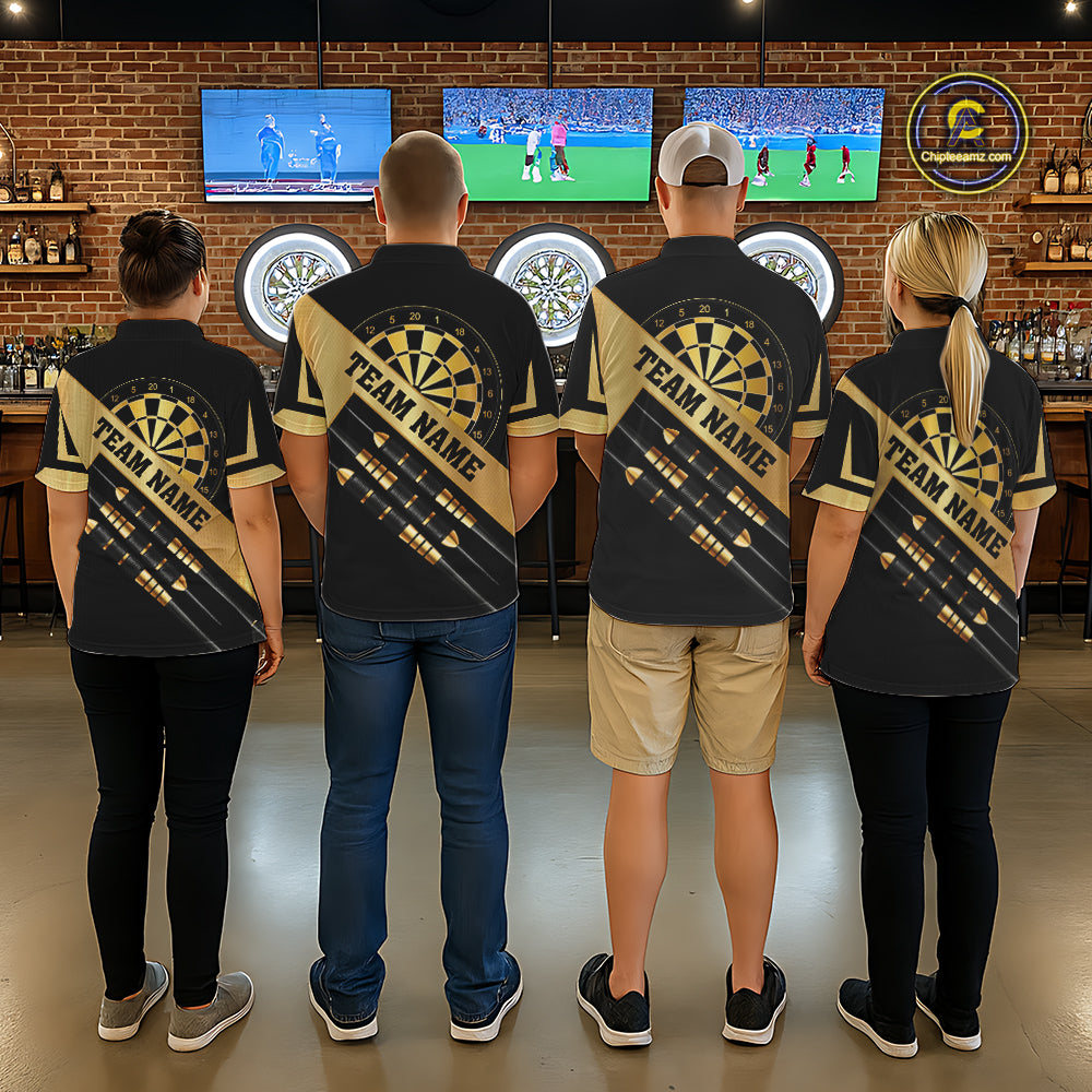 Black And Gold Darts Polo & 1/4 Zip For Men Custom Darts Jersey, Darts Tournament Team Shirt TDM6226