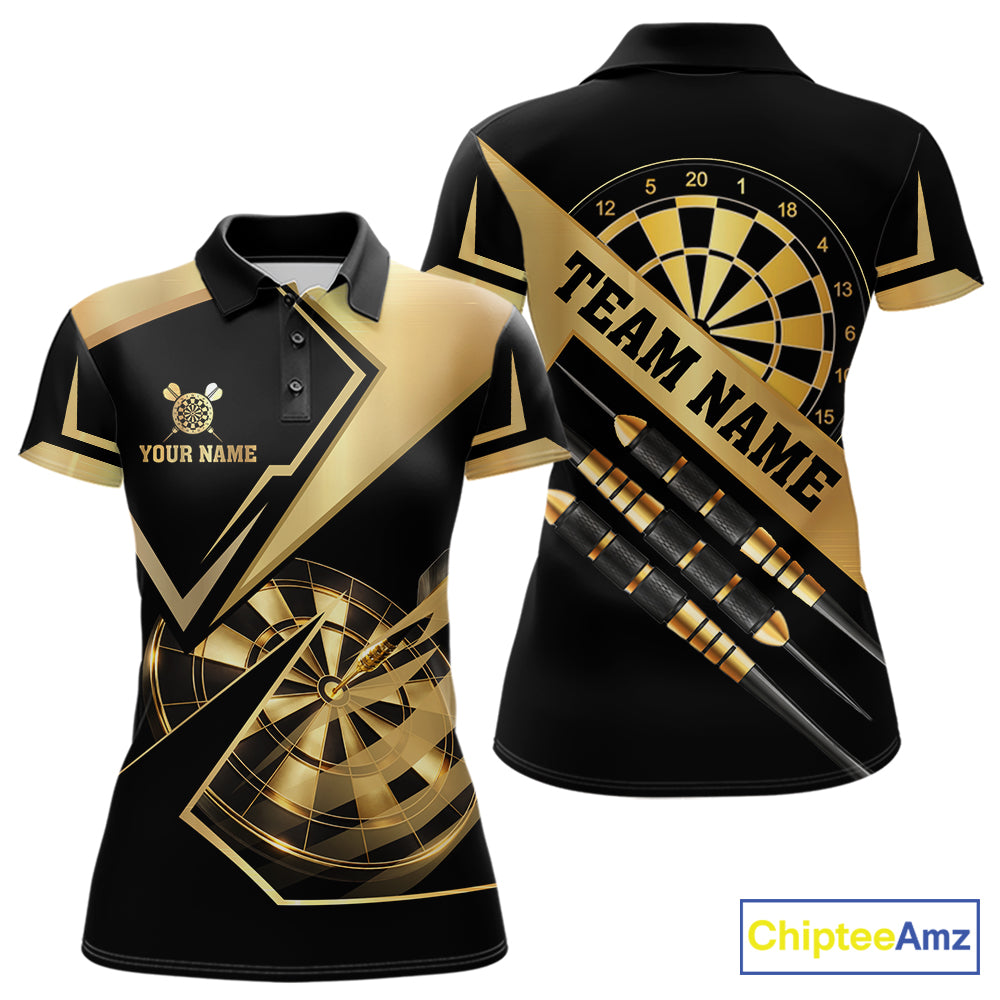 Black And Gold Darts Polo & 1/4 Zip For Women Custom Darts Jersey, Darts Tournament Team Shirt TDM6226