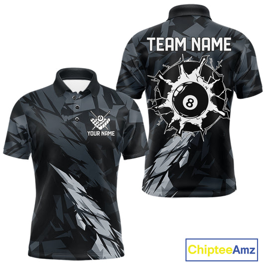 Men’s black and grey 8 ball pool polo shirt with modern billiard league graphics.