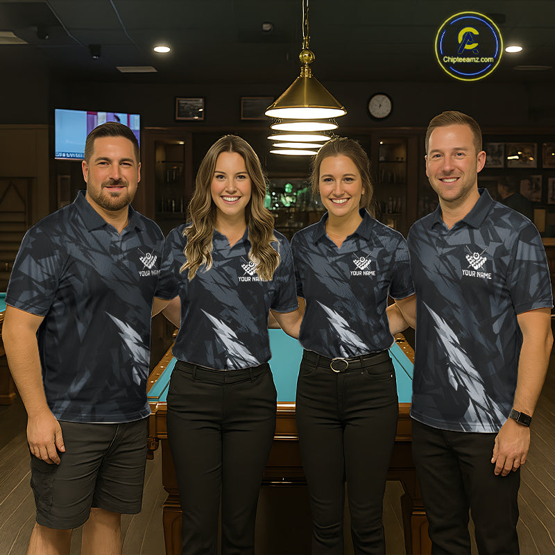 Pool team wearing matching black and grey billiard jerseys during league play front view.