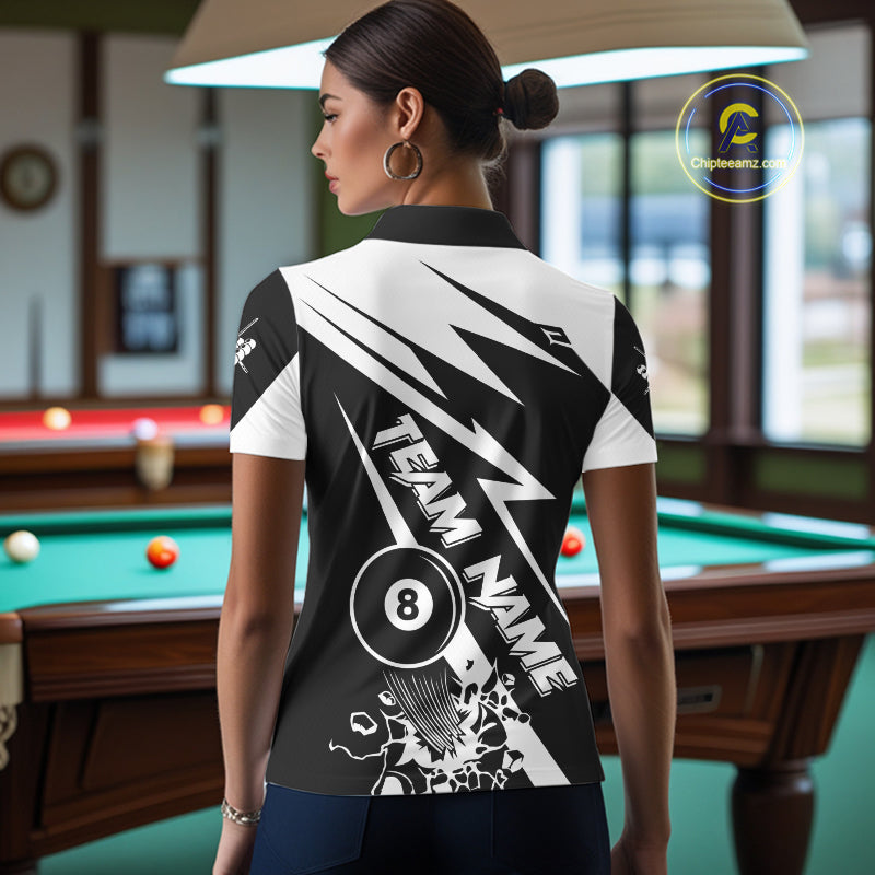 Back view of woman wearing a funny 8 ball pool team shirt in a billiards hall.