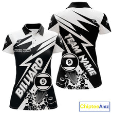 Load image into Gallery viewer, Women’s funny black and white 9 ball pool polo shirt with playful billiard team graphics.