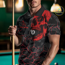 Load image into Gallery viewer, Man wearing a red skull billiard jersey beside a pool table front view.