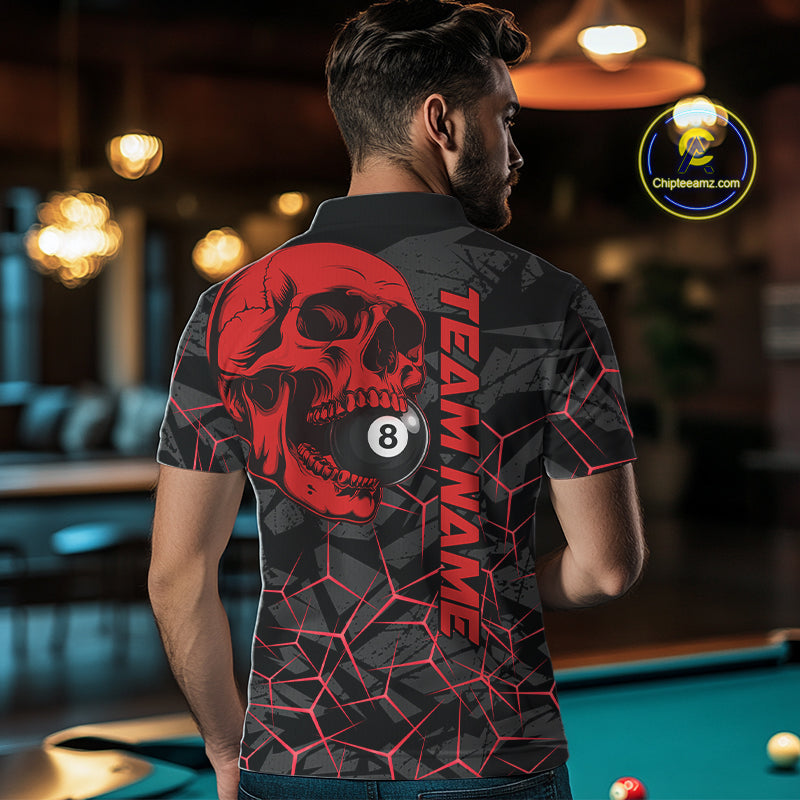 Back view of man wearing a red skull pool team shirt in a billiards hall.