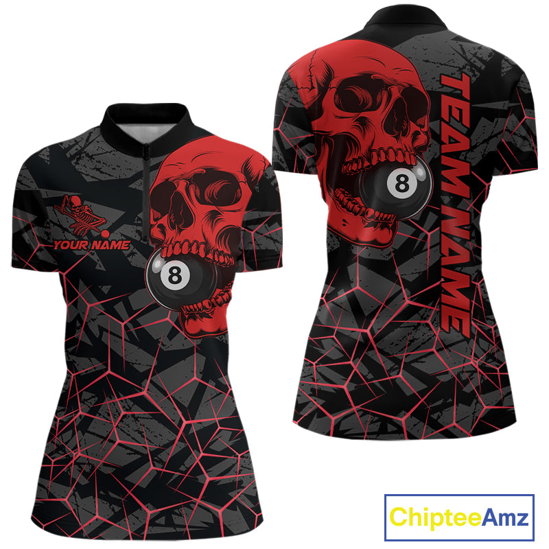 Women’s red skull 8 ball billiard quarter zip shirt designed for competitive pool matches.