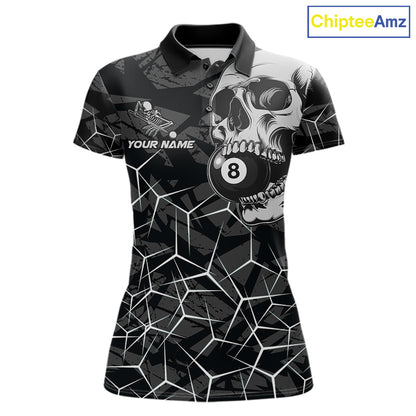 Women’s black and white 8 ball skull pool polo shirt with monochrome billiard team graphics.