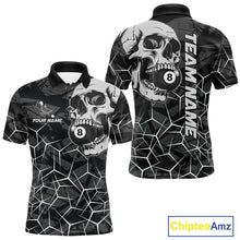 Load image into Gallery viewer, Men’s black and white 8 ball skull pool polo shirt with monochrome billiard team graphics.