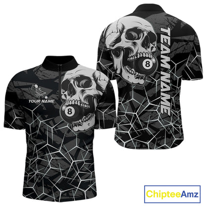 Men’s black and white skull billiard quarter zip shirt for league nights and tournament play.