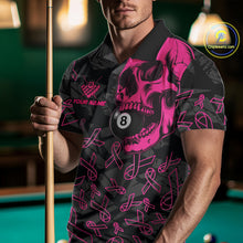 Load image into Gallery viewer, Man wearing a pink ribbon skull billiard jersey beside a pool table front view.