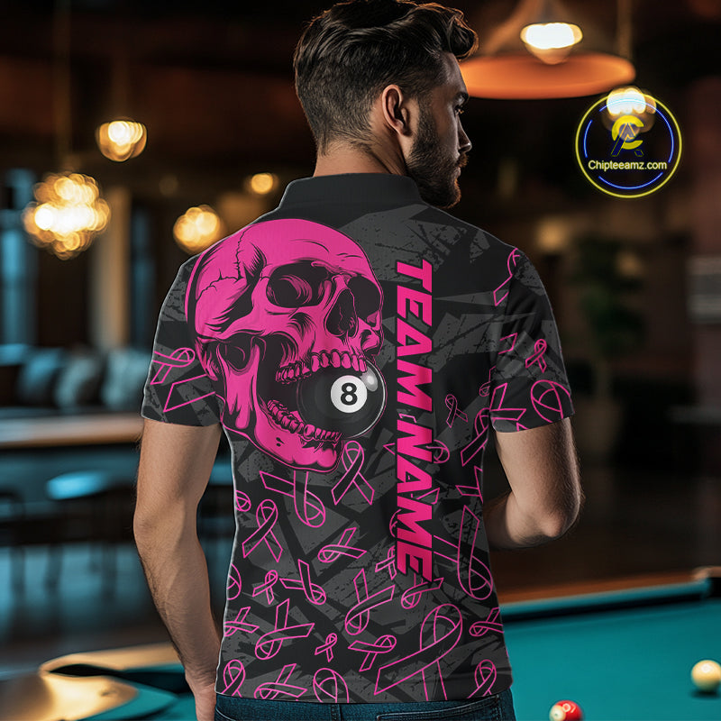 Back view of man wearing a pink ribbon pool team shirt in a billiards hall.