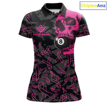 Load image into Gallery viewer, Women’s pink ribbon skull 8 ball pool polo shirt for breast cancer awareness events and league play.