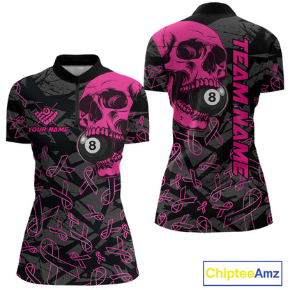 Women’s pink ribbon skull billiard quarter zip shirt designed for tournaments and awareness team matches.