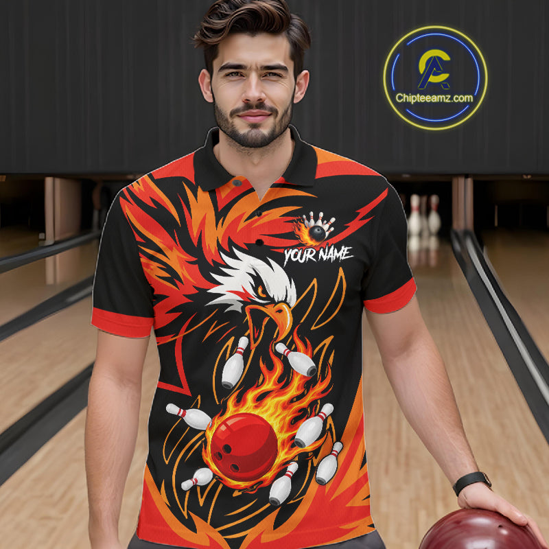 Man wearing black and orange flame eagle bowling polo shirt front view.