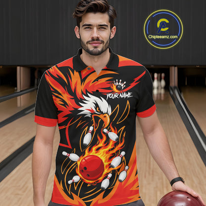 Man wearing black and orange flame eagle bowling polo shirt front view.
