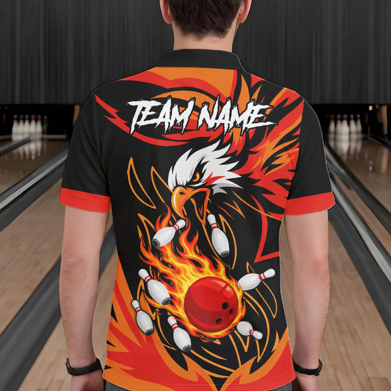 Man wearing black and orange flame eagle bowling polo shirt back view.