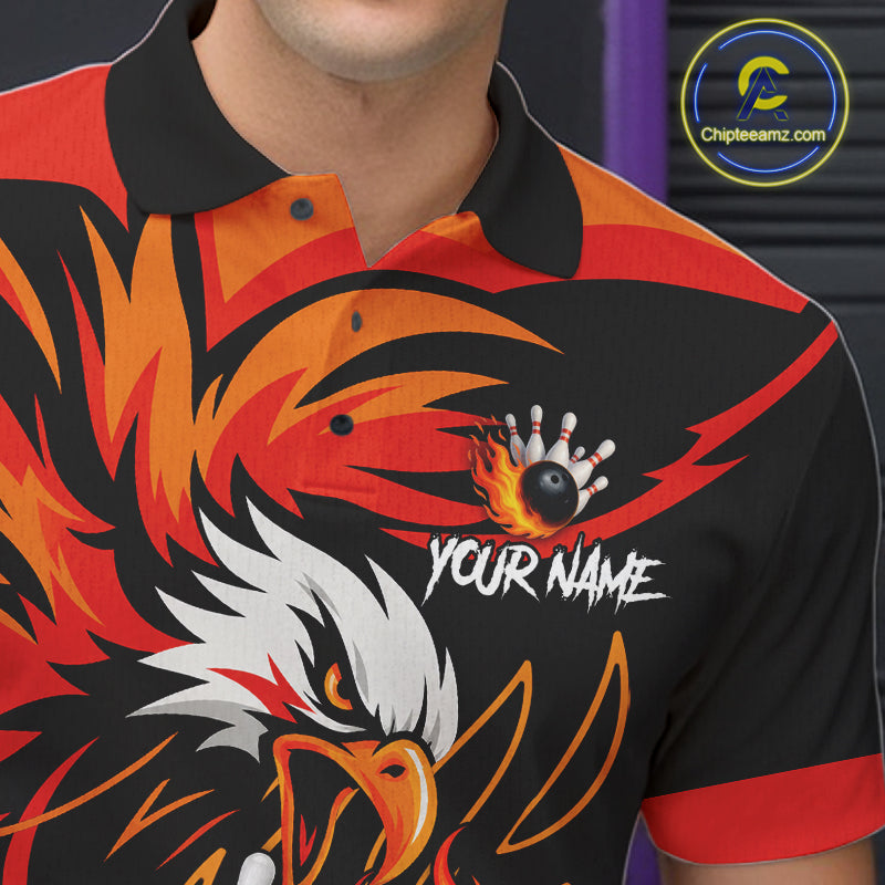 Close up of black and orange flame eagle bowling polo shirt collar, buttons and chest design.