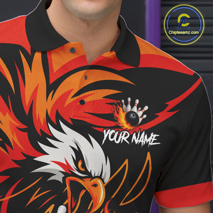 Close up of black and orange flame eagle bowling polo shirt collar, buttons and chest design.