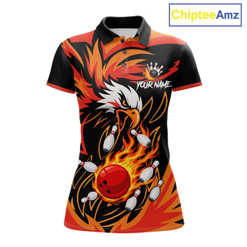 Black and orange flame eagle bowling team polo shirt for women.