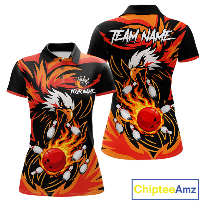 Black and orange flame eagle bowling polo shirt for women, custom bowling team jersey.