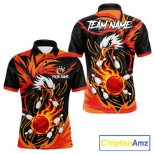 Load image into Gallery viewer, Black and orange flame eagle bowling team polo shirt for men.