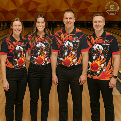 Bowling team wearing matching black and orange flame eagle jerseys front view.