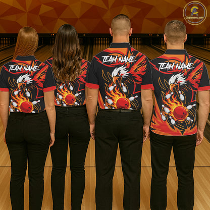 Bowling team wearing matching black and orange flame eagle jerseys back view.
