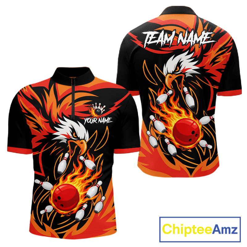 Black and orange flame eagle bowling quarter zip shirt for men.