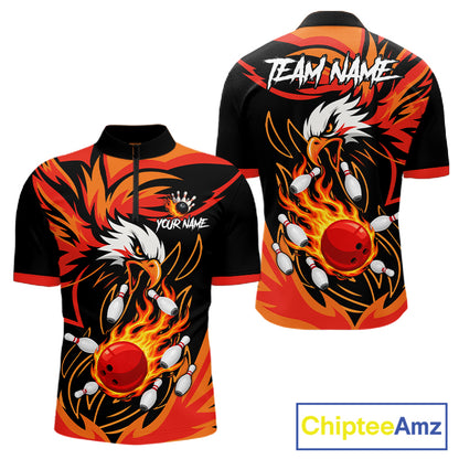 Black and orange flame eagle bowling quarter zip shirt for men.